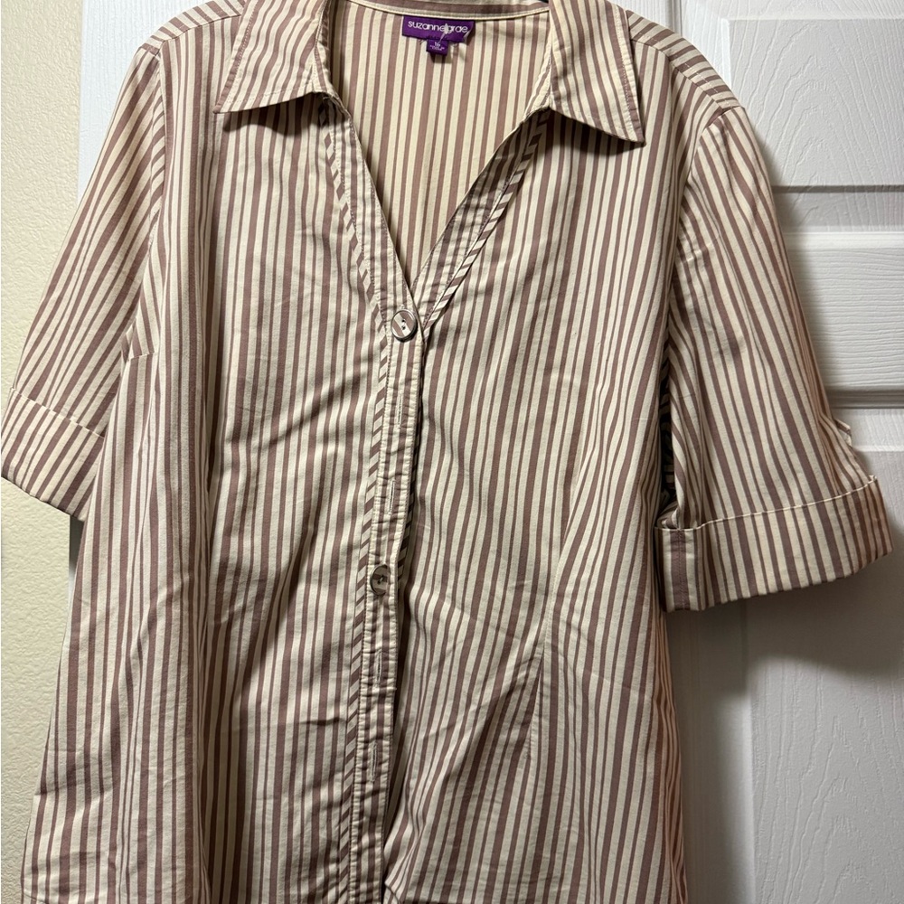 Stacy Adams Beige and Brown Striped Button Down Shirt